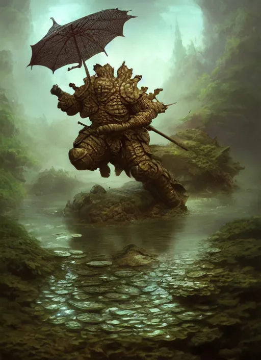 Image similar to armored kappa in a pond, subsurface scattering, by jesper ejsing, justin gerard, tomasz alen kopera, cgsociety and fenghua zhong, highly detailed, rim light, cinematic lighting, illustration, art, octane render, very coherent, cinematic, hyper realism, high detail, octane render, 8 k