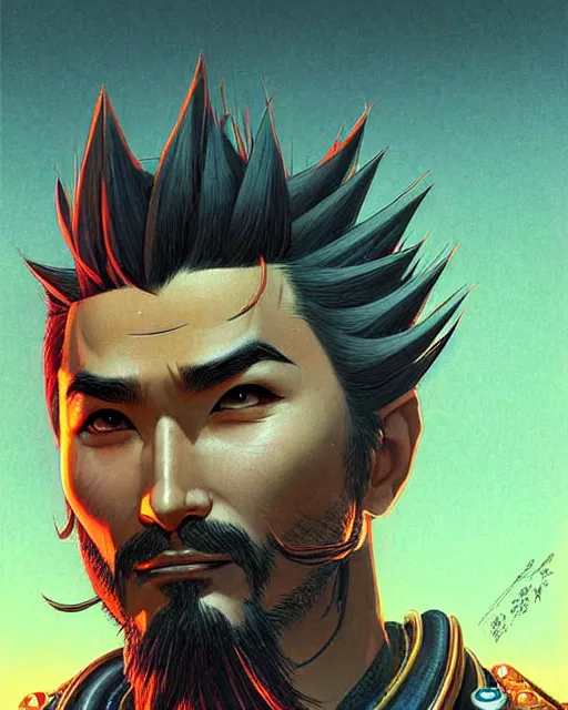 Image similar to hanzo from overwatch, character portrait, portrait, close up, concept art, intricate details, highly detailed, vintage sci - fi poster, retro future, vintage sci - fi art, in the style of chris foss, rodger dean, moebius, michael whelan, katsuhiro otomo, and gustave dore