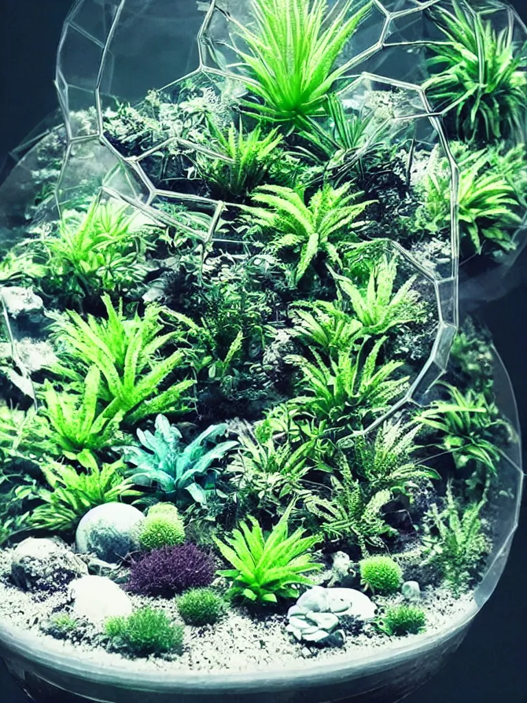 Prompt: terrarium with plants from a differen alien planet. weird colours. sci - fi. futuristic. alien. holographic, beautiful, ethereal