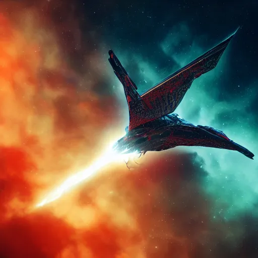 Image similar to huge klingon bird of prey in a nebula, shallow depth of field, moody lighting, single point of light, 8 k, ultra realistic, octane render,