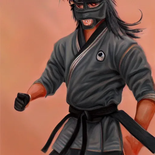 Image similar to painting of anthropomorphized horses, wearing black karate gi, doing karate, fantasy style, artstation