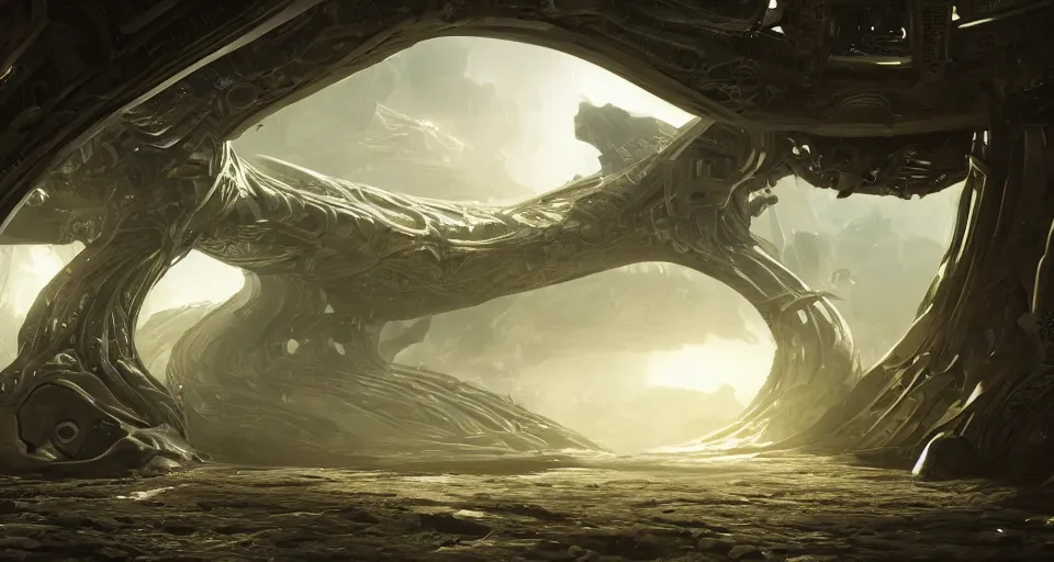 Image similar to A beautiful artwork illustration, detailed, level design, third person, The pristine halls of an organic alien spacecraft, biomechanical structures, subsurface scattering, realistic, featured on Flickr, wide angle, horizontal orientation, very coherent, cinematic, hyper realism, high detail, octane render, 8k