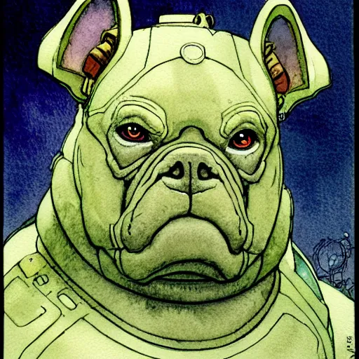 Image similar to a simple and atmospheric watercolour fantasy character concept art portrait of a mechanized android bulldog as a druidic warrior wizard looking at the camera with an intelligent gaze, very muted colors, by rebecca guay, michael kaluta, charles vess and jean moebius giraud