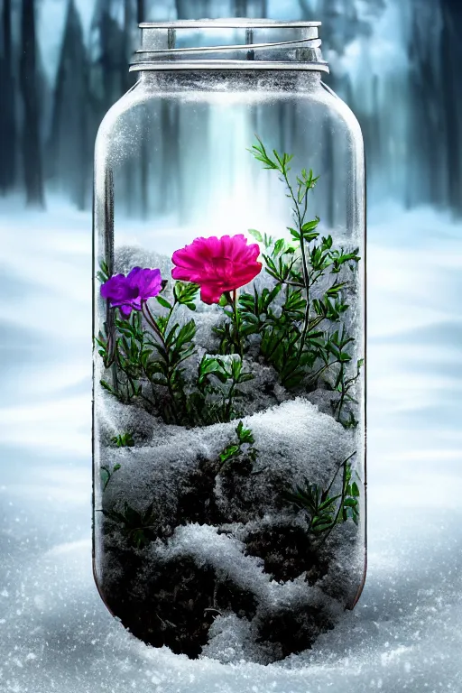 Prompt: a closed glass jar with a metal lid and flowers growing inside, standing in the snow in a dark forest at night. earth inside jar. bokeh, hyperrealistic, moonlight, cgsociety, artstation, 8 k, beautiful digital art