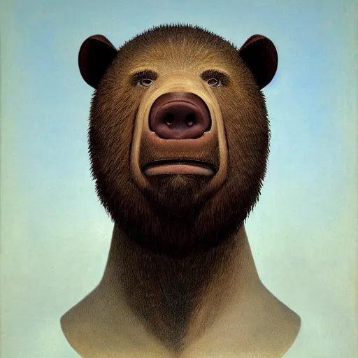 Prompt: a man-bear-pig-hybrid by Raphael, Hopper, and Rene Magritte. detailed, romantic, enchanting, trending on artstation.