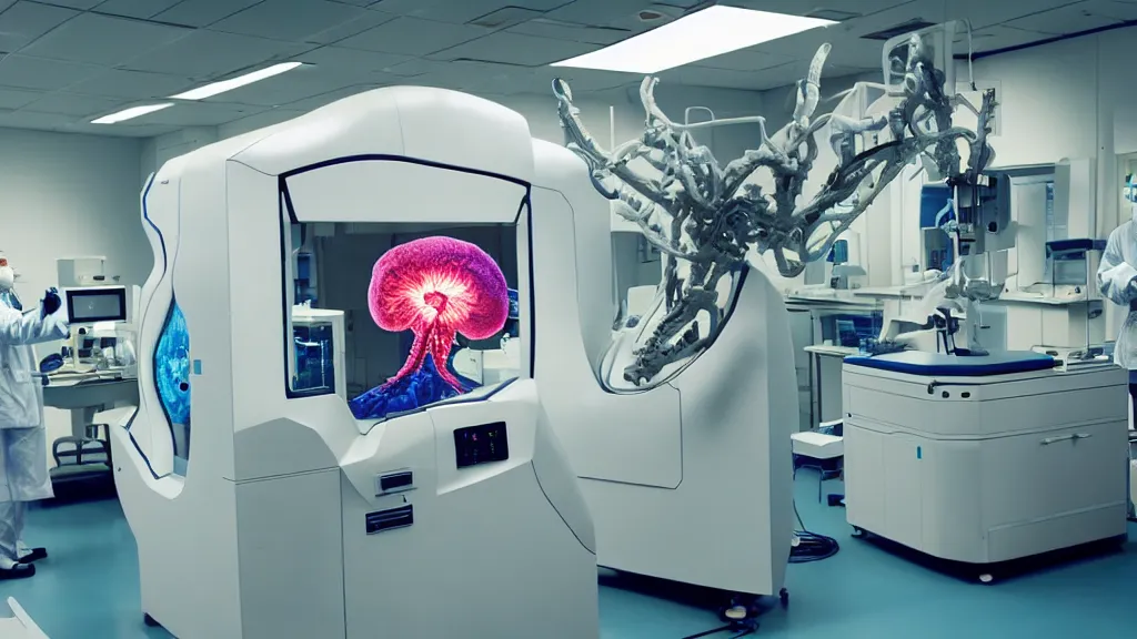 Image similar to a complex bifurcated surgical arm hybrid mri 3 d printer machine making colorful mutant forms with control panels in the laboratory inspection room, film still from the movie directed by denis villeneuve with art direction by salvador dali, wide lens