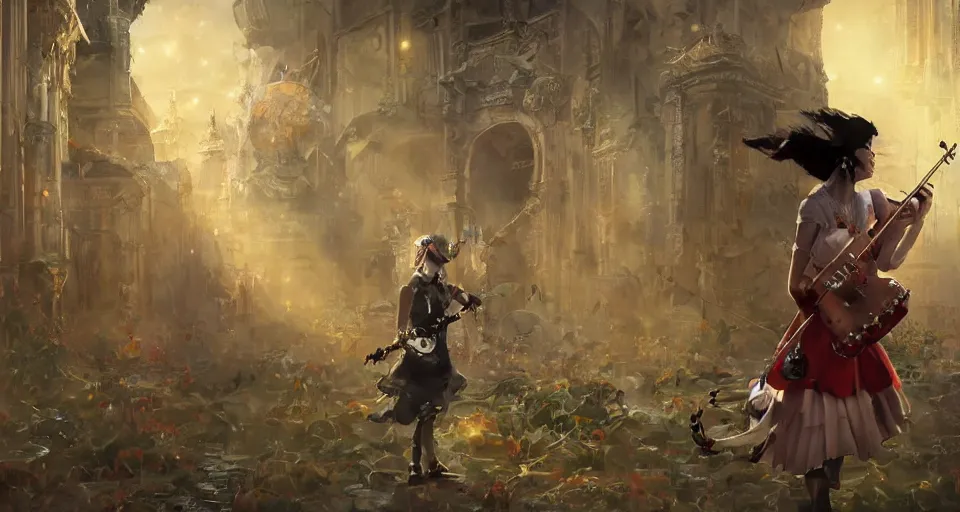 Image similar to craig mullins and ghibli digital art of on the huge stage, the masked female violinist playing alone, she wore a strong exotic costumes, gold ornaments, black hair, unreal engine, hyper realism, realistic shading, cinematic composition, realistic render, octane render, detailed textures, photorealistic, wide shot