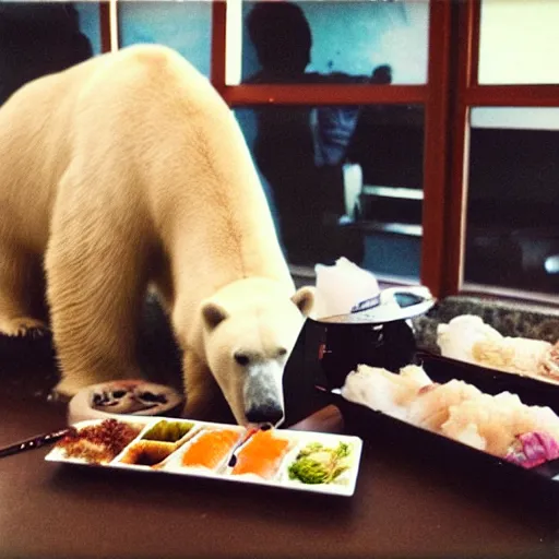 Image similar to a polar bear eating at a sushi restaurant, polaroid, flash photograph