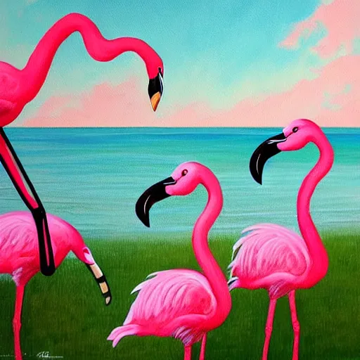 Prompt: a painting of an artist surprised at flamingos flying out of a canvas, art by scott fischer