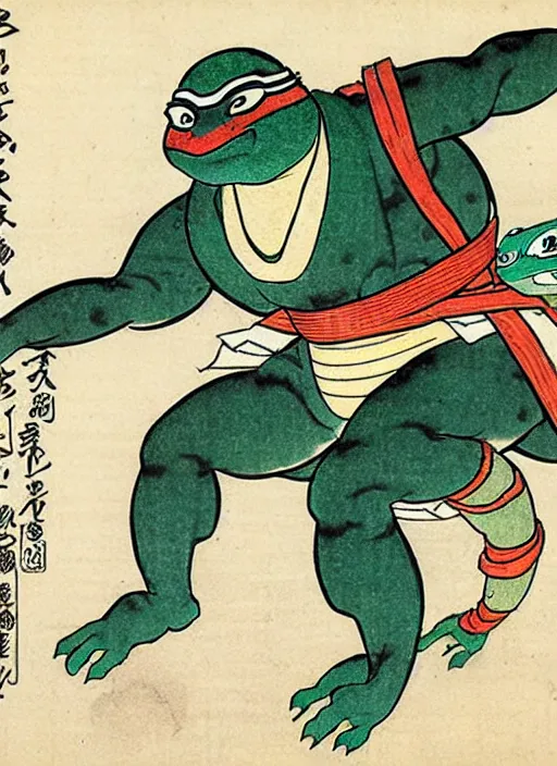 Image similar to a ninja turtle as a yokai illustrated by kawanabe kyosai and toriyama sekien
