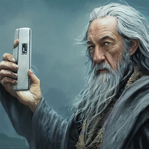 Prompt: Movie still of Saul Goodman as Gandalf holding a phone, fantasy, highly detailed, digital painting, artstation, concept art, sharp focus, illustration, art by Tony Sart and artgerm and randy vargas