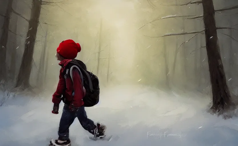 Prompt: A kid with a backpack and a red beanie walking in a snowy forest on his way to school, oil painting by Frank Frazetta, digital art, WLOP, artstation, Mandy Jurgens