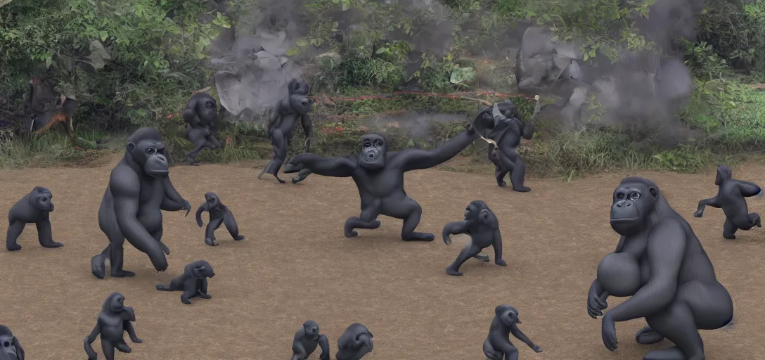 Prompt: intergalactic hotdog battlecruisers are attacking peaceful gorilla families in the city park planitary defense systems are active daytime beautiful, families running in fear for their lives, hyper realistic, high definition, highly detailed