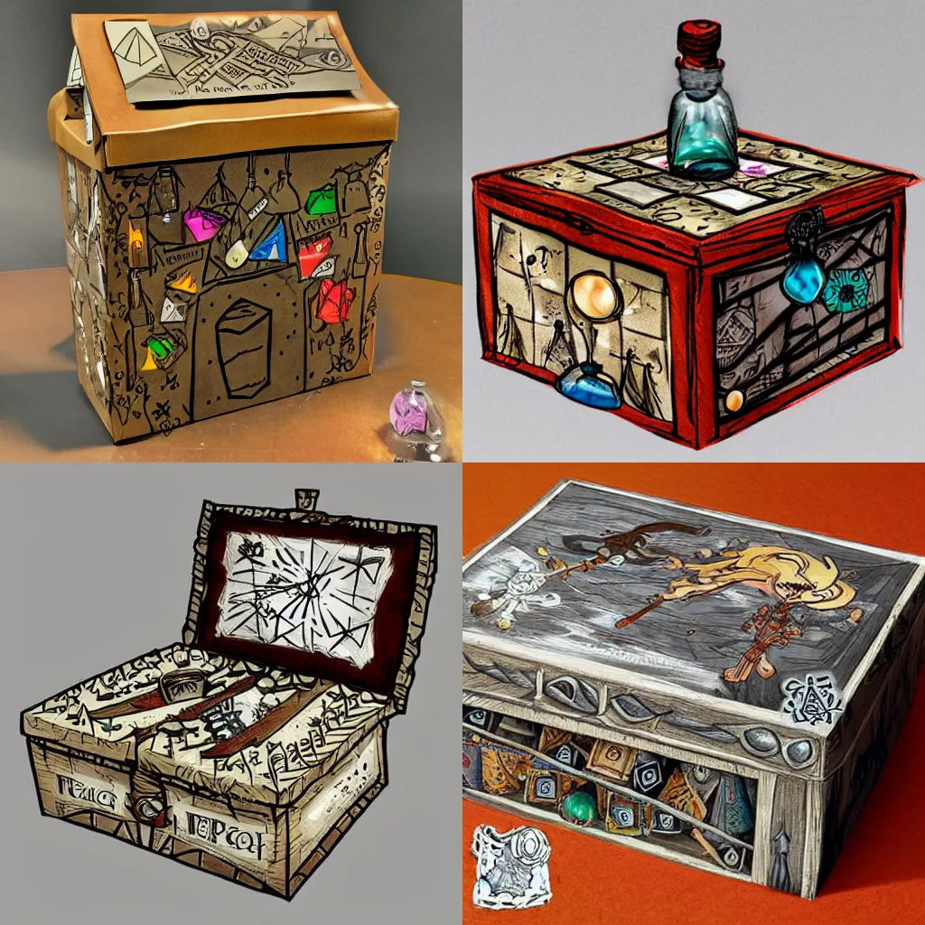 Prompt: dnd art of a decorated shoe box filled with papers with stick figures on them, a small clear potion bottle, dungeons and dragons concept art