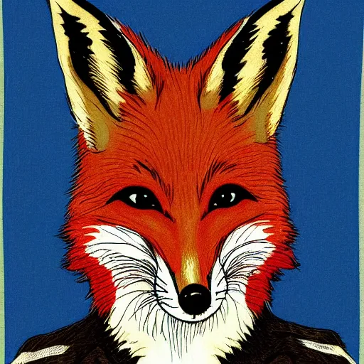 Prompt: portrait of retarded fox, eyes in different directions, rabies, propaganda style, vivid colors, very detailed