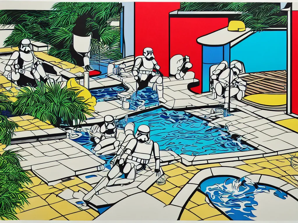 Image similar to hyperrealism composition of the japanese house with a hot springs in the garden, two detailed stormtroopers bathe in a hot spring, pop - art style, jacky tsai style, andy warhol style, roy lichtenstein style, acrylic on canvas