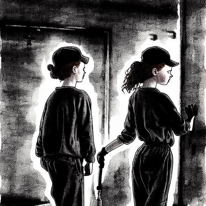 Prompt: sadie sink in dirty workmen clothes waves goodbye to workmen. background : factory, dirty, polluted. technique : black and white pencil and ink. by gabriel hardman, joe alves, chris bonura. cinematic atmosphere, detailed and intricate, perfect anatomy