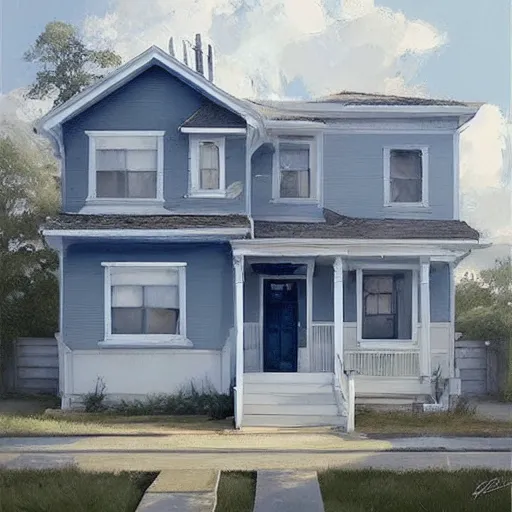 Prompt: construction begins on a small suburban house, dusty blue. beautiful painting by artgerm and greg rutkowski