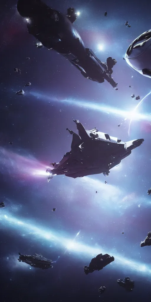 Image similar to space battleship lead the fleet, space ambiente, undiscovered space, stars, nebulae background, unreal engine 5, ray tracing, octane render, cinematic, concept art, dreamy, render by octane and blender, hyper realistic, cinematic lighting, unreal engin 5, by dominic mayer, 8 k, vray render, artstation, deviantart