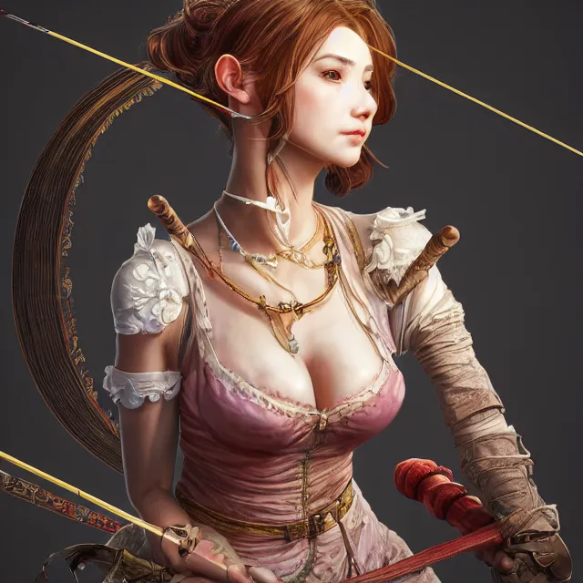 Prompt: the portrait of lawful neutral semi - colorful female archer socialite as absurdly beautiful, gorgeous, elegant, young gravure idol, an ultrafine hyperdetailed illustration by kim jung gi, irakli nadar, intricate linework, bright colors, octopath traveler, final fantasy, unreal engine 5 highly rendered, global illumination, radiant light, detailed and intricate environment