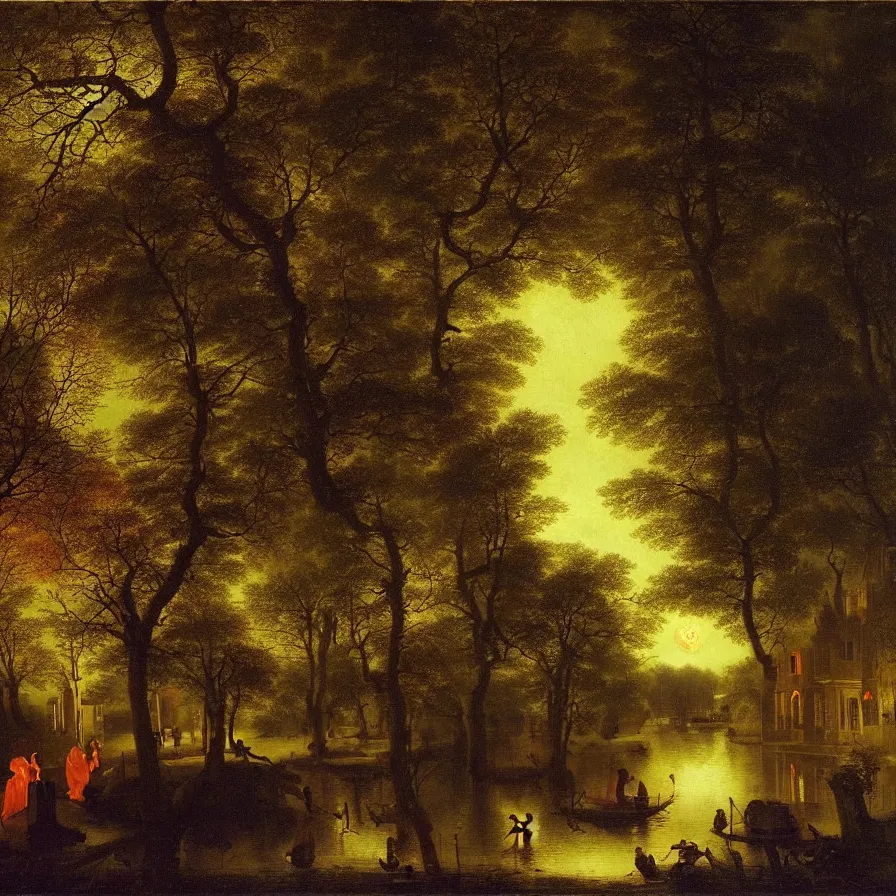 Image similar to a night carnival around a magical tree cavity with a rounded scenario with many fireworks and christmas lights, with a surreal orange moonlight, next to a lake with iridiscent water, volumetric lightning, folklore people disguised as fantastic creatures in a magical forest by summer night, masterpiece painted by pieter de hooch, scene by night, dark night environment, refraction lights, glares