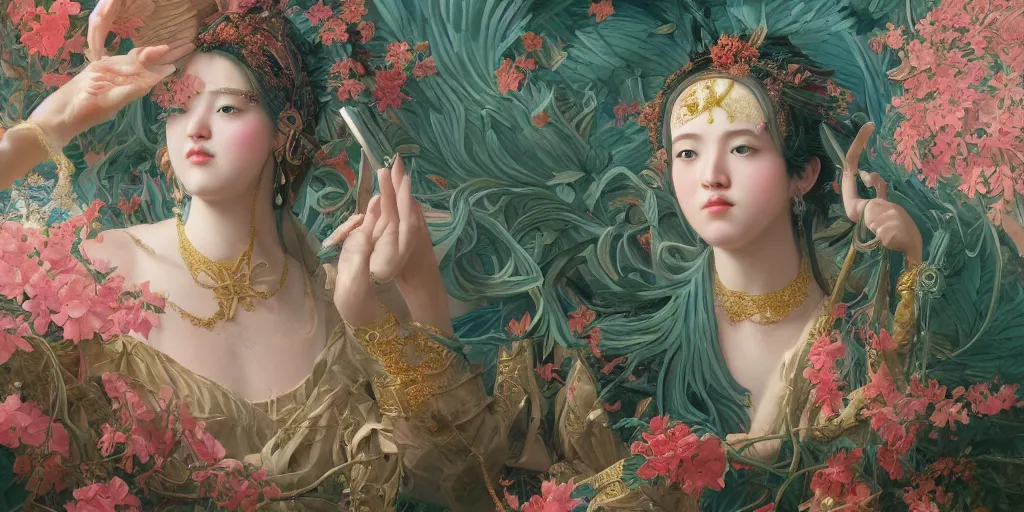 Image similar to breathtaking detailed concept art painting of the goddess of flamingo, orthodox saint, with anxious, piercing eyes, ornate background, amalgamation of leaves and flowers, by Hsiao-Ron Cheng and John James Audubon, extremely moody lighting, 8K