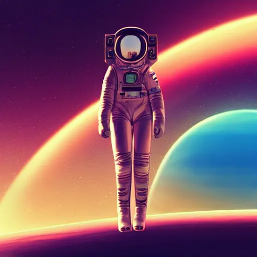 Image similar to A wide angle shot from below of a female astronaut with a feminine body walking with swagger towards camera on mars in an infinite universe , synthwave digital art