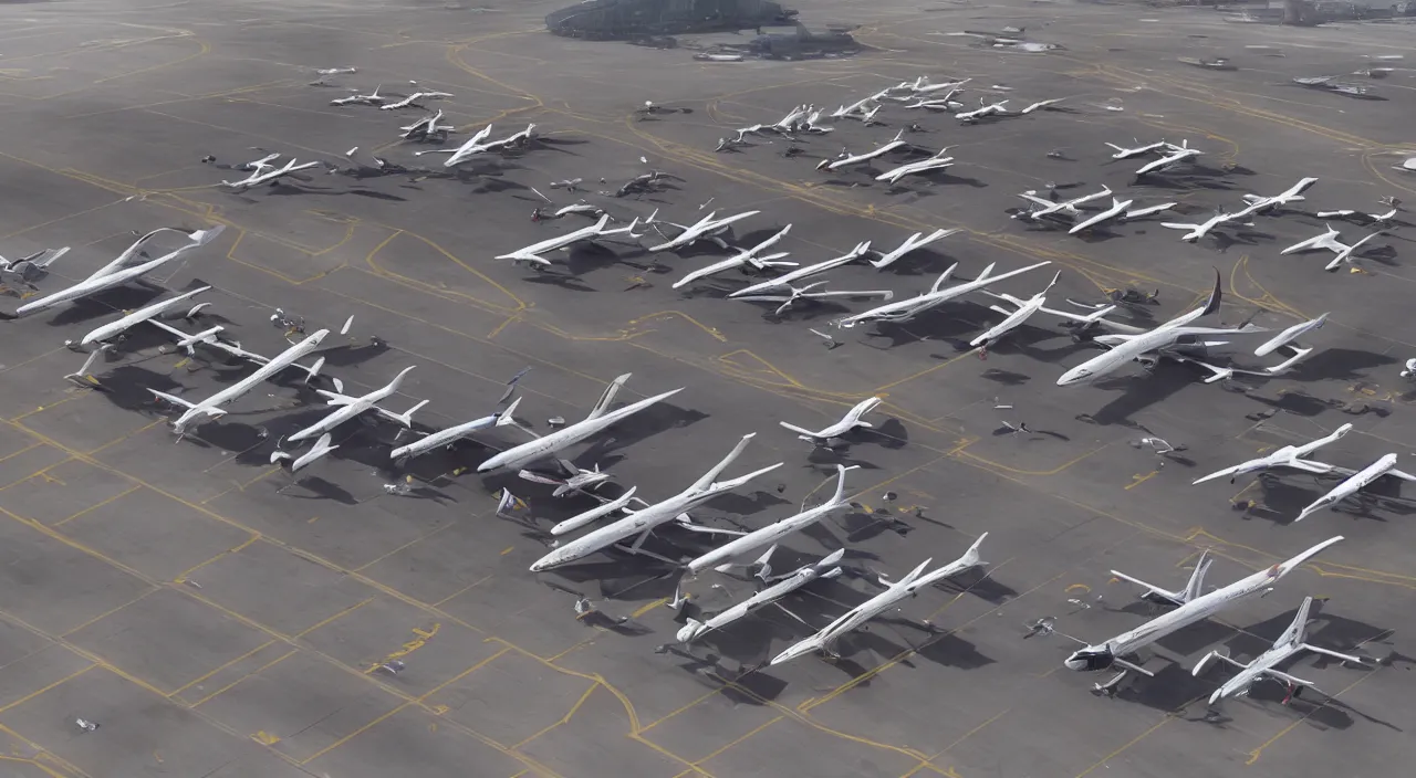 Prompt: a group of airplanes parked on top of an airport tarmac, concept art by Jason A. Engle, cgsociety, afrofuturism, reimagined by industrial light and magic, vray tracing, concept art