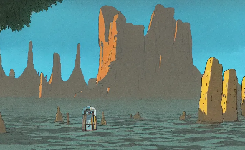 Image similar to a cell - shaded studio ghibli concept art from paprika ( 2 0 0 6 ) of a multi - colored spaceship from close encounters of the third kind ( 1 9 7 7 ) in a flooded monument valley temple stonehenge jungle. a caravan is in the foreground. very dull colors, portal, hd, 4 k, hq