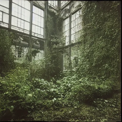 Image similar to an abandoned building, overgrown plants, dreamy, overcast, by hans bellmer