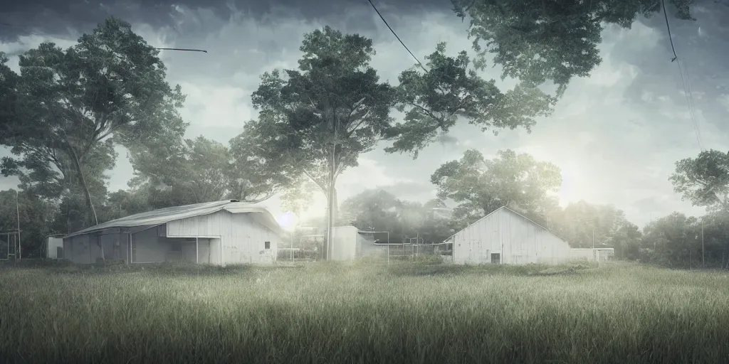 Prompt: large white sci-fi building with power lines running to it, next to farm fields and trees, art station, digital art, art station, volumetric lighting, extremely detailed, trending