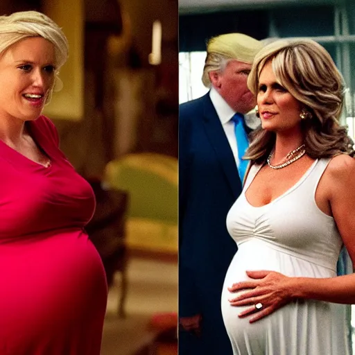 Prompt: Pregnant Donald Trump in a dress, Hallmark movie, movie still, chick flick