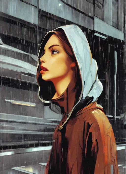 Image similar to a realistic portrait of a beautiful woman wearing a plastic hoodie in a dystopian city, raining by syd mead