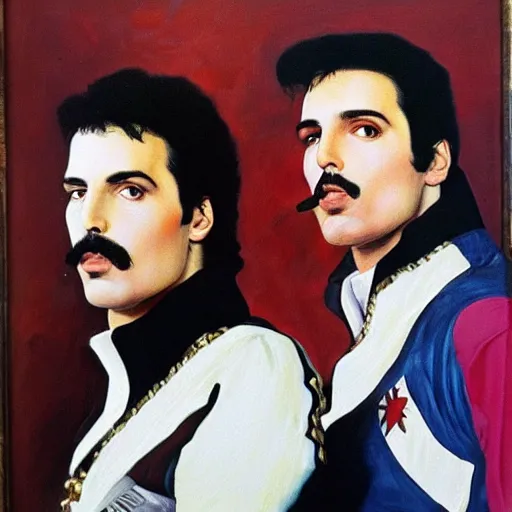 Image similar to freddie mercury and elvis painted by diego de velazquez