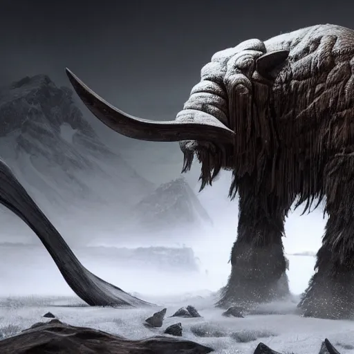 Image similar to hyperrealistic mixed media image of mammoth tusk and mammoth hide armor from skyrim, stunning 3 d render inspired art by greg rutkowski and xiang duan and thomas eakes, perfect facial symmetry, flesh texture, realistic, highly detailed attributes and atmosphere, dim volumetric cinematic lighting, 8 k octane detailed render, post - processing, masterpiece,