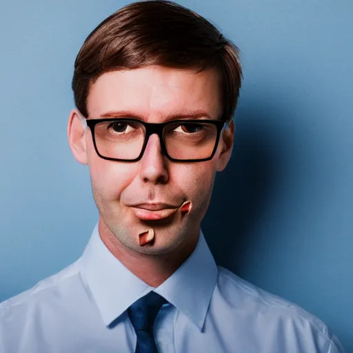 Prompt: white man with short neat brown hair with square glasses closing his eyes, forming an l shape finger on his mouth, light light blue background, low contrast, professional photography