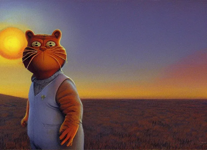 Prompt: surrealist impressionist painting of garfield at dusk, in the style of michael whelan and james gurney and wayne barlowe