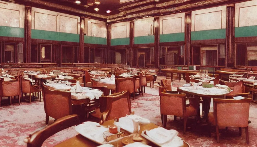 Image similar to 2010s movie still of empty north-korean royal restaurant palace post-stalinist style, eastmancolor, heavy grain, high quality, higly detailed