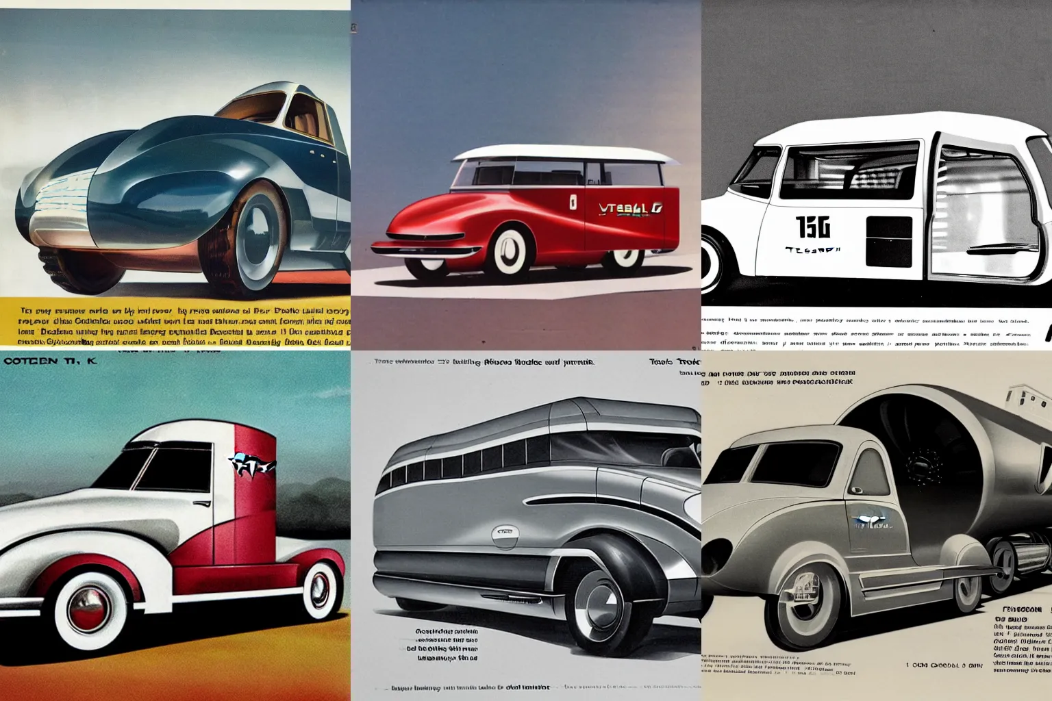 Prompt: 1950s catalog Tesla Cybertruck concept art, brochure