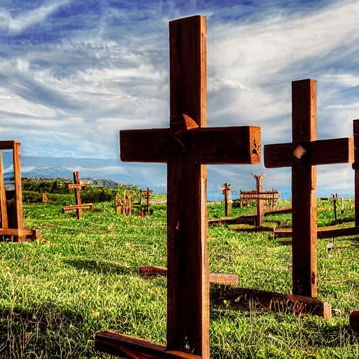 Image similar to beautiful photograph three 1st century empty wooden crosses on calvary hill, close up, dslr photo