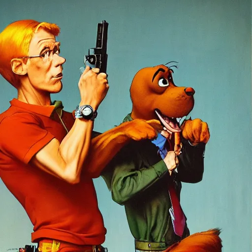 Image similar to Scooby Doo holding a gun, by norman rockwell, no text, trending on artstation, highly detailed, 8k, beautiful, dynamic lighting, realistic fur