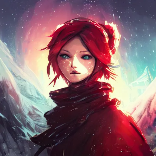 Prompt: highly detailed portrait of a pretty frostpunk rogue thief lady with wavy blonde hair, by Dustin Nguyen, Akihiko Yoshida, Greg Tocchini, Greg Rutkowski, Cliff Chiang, 4k resolution, nier:automata inspired, bravely default inspired, vibrant but dreary northern lights technicolor color scheme!!! ((Snowy town background))