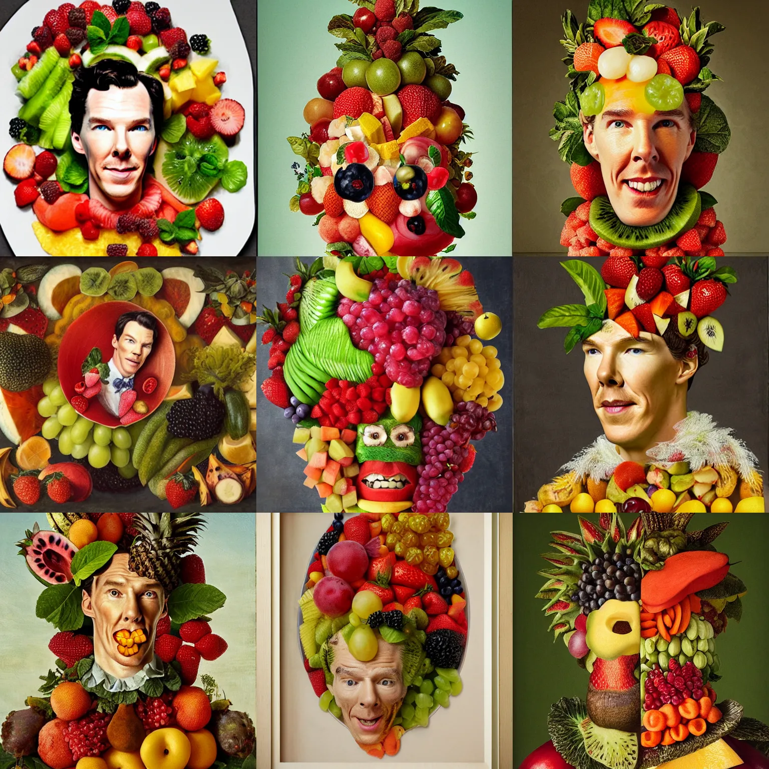 Prompt: benedict cumberbatch as a fruit salad, by giuseppe arcimboldo