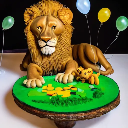 Image similar to award winning nature photography, a scenic picture of a birthday cake surrounded by lions. balloons are in the background. lion birthday party setting. extremely detailed lions. hyperrealistic, 8 k