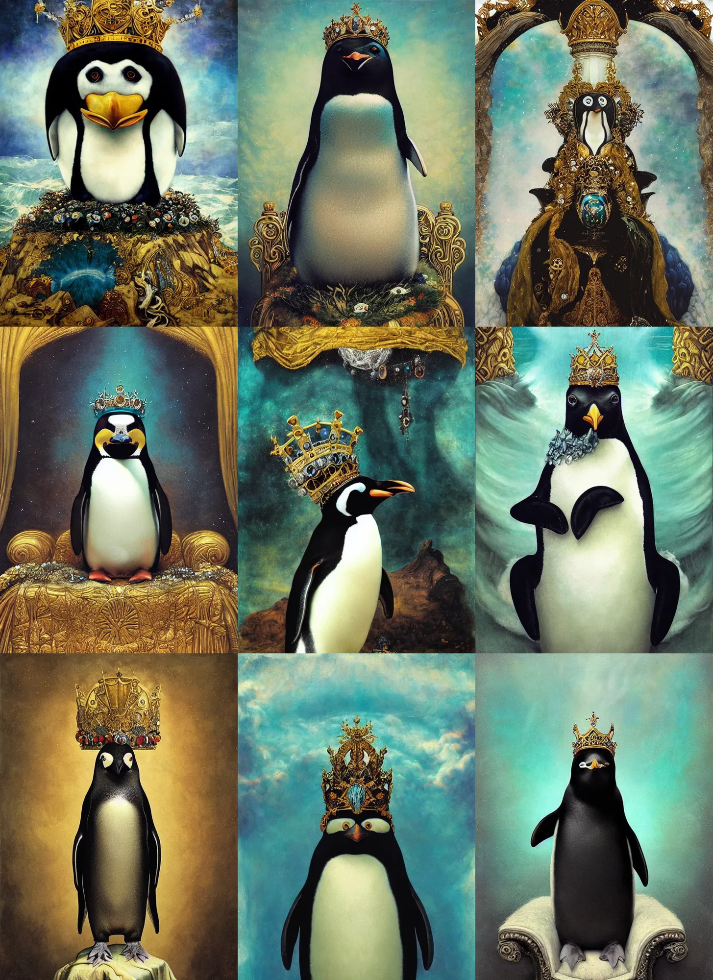 Prompt: “A majestic portrait of a penguin wearing a crown, on an icy throne, titian, Tom Bagshaw, Sam Spratt, maxfield parrish, gustav klimt, high detail, 8k, underwater light rays, intricate, royalty, vibrant iridescent colors,art nouveau,black white and aqua”