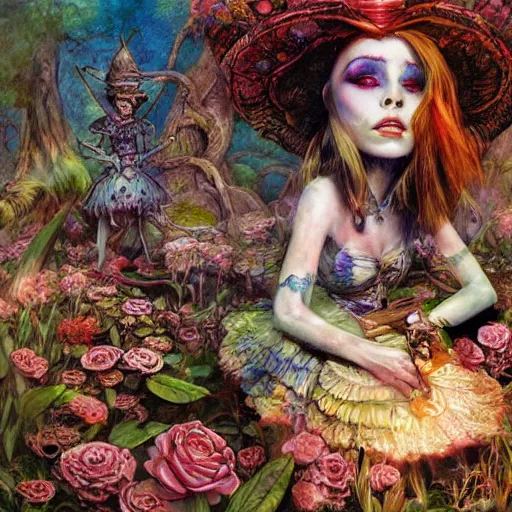 Image similar to alice in wonderland tripping on ayahuasca, intricate detail, painting, royo, frazetta, whealan,