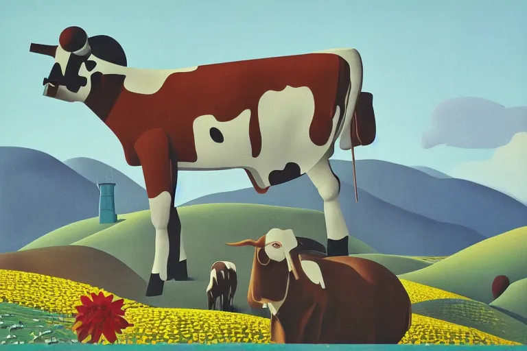 Prompt: giant retro - robot, cows, blooming hills with spring flowers and pillars by helen lundeberg