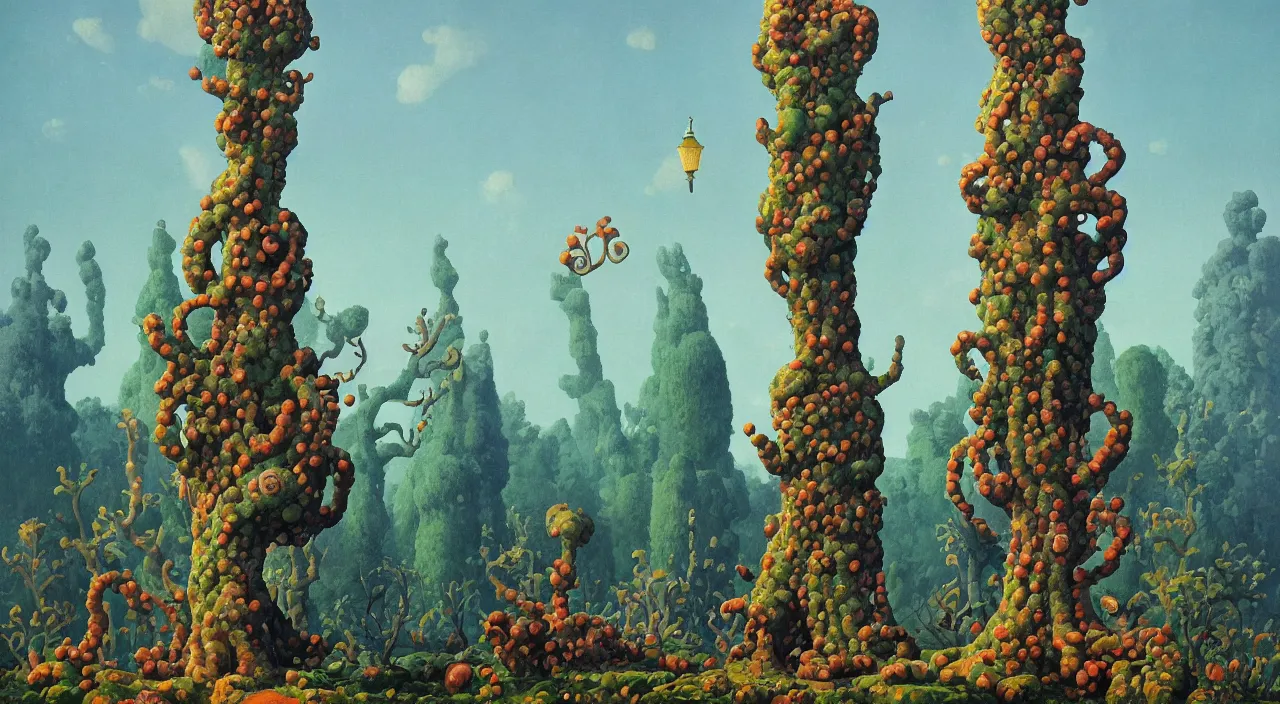 Image similar to single flooded coral tentacle tree tower, very coherent and colorful high contrast!! masterpiece by rene magritte simon stalenhag carl spitzweg syd mead norman rockwell edward hopper james gilleard, minimalist, dark shadows, sunny day, hard lighting