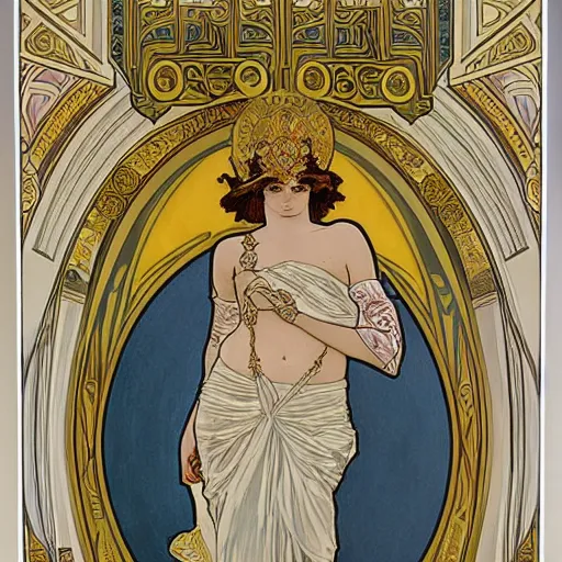 Prompt: an ornate white and gold acrylic painting of a roman emperor, in the style of alphonse mucha