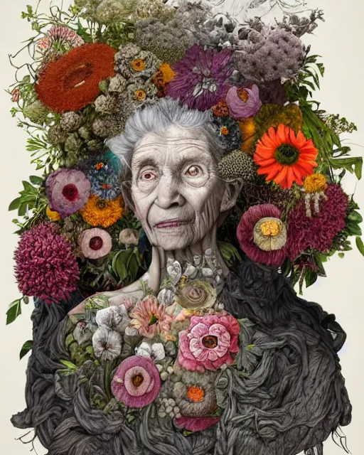 Prompt: a portrait of a fleshy old woman covered in flowers in the style of guiseppe arcimboldo and james jean, covered in wispy gray hair with a hint of neon, hd 3 d, highly detailed and intricate.
